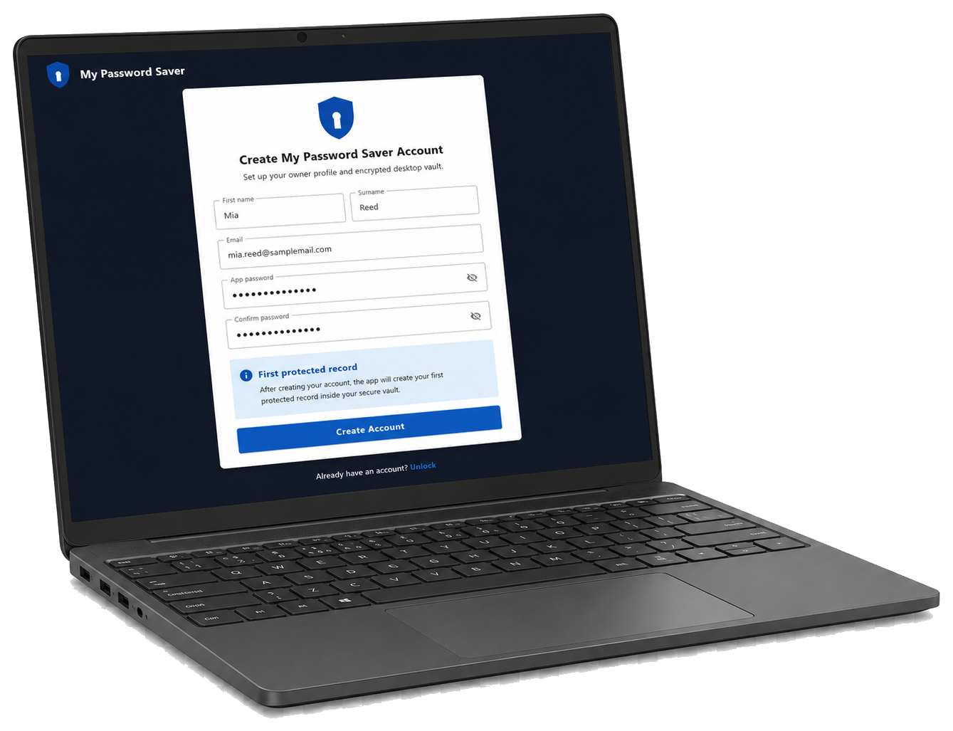 Password Saver account setup screen