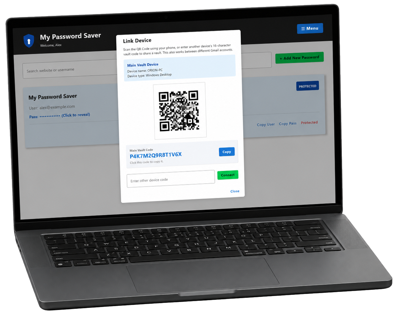 Password Saver link device screen